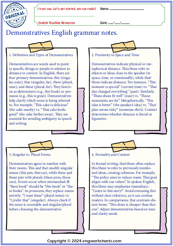 Demonstratives English grammar notes.
